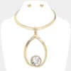 Fashnzfab Round Crystal Stone Pointed Textured Metal Statement Necklace In Gold