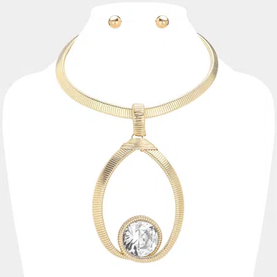 Fashnzfab Round Crystal Stone Pointed Textured Metal Statement Necklace In Gold