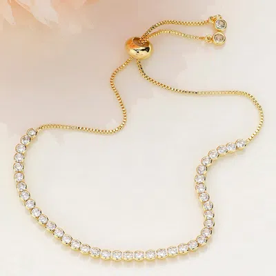 Fashnzfab Round Cz Stone Bezel Adjustable Pull Tie Bracelet Clear, Gold In Silver