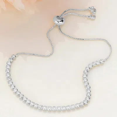 Fashnzfab Round Cz Stone Bezel Adjustable Pull Tie Bracelet Clear, Silver