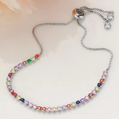 Fashnzfab Round Cz Stone Bezel Adjustable Pull Tie Bracelet Multi, Silver