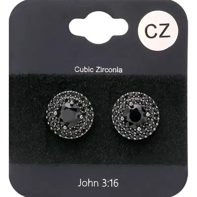 Fashnzfab Round Cz Stone Evening Stud Earrings - Jet Black In White