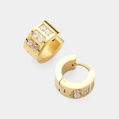 Fashnzfab Round Cz Stone Paved Stainless Steel Huggie Hoop Earrings - Gold In Silver