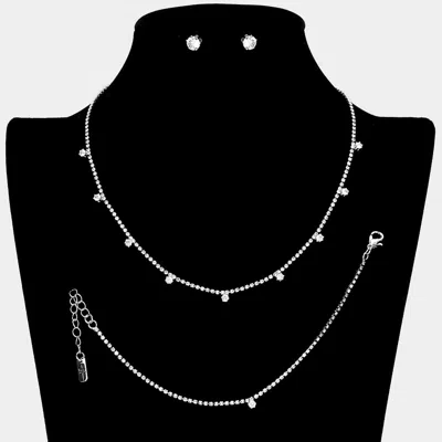 Fashnzfab Round Cz Stone Station Rhinestone Paved Necklace Jewelry Set In Silver
