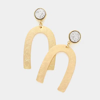 Fashnzfab Round Druzy Scratched Metal Arch Link Dangle Earrings - Silver In Gold