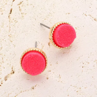 Fashnzfab Round Druzy Stud Earrings - Gold, Neon, Pink In Red