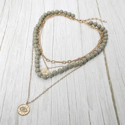 Fashnzfab Round Evil Eye Square Pendant Wooden Beaded Multi Layered Necklace In Gray