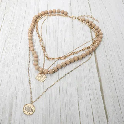 Fashnzfab Round Evil Eye Square Pendant Wooden Beaded Multi Layered Necklace In Sand