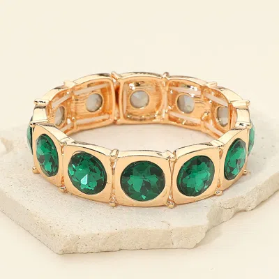 Fashnzfab Round Faceted Stone Accent Frame Beaded Stretch Bracelet In Green