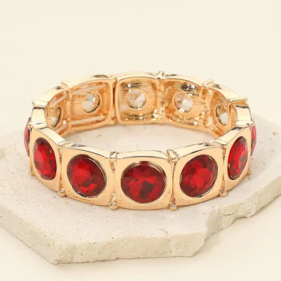 Fashnzfab Round Faceted Stone Accent Frame Beaded Stretch Bracelet In Red