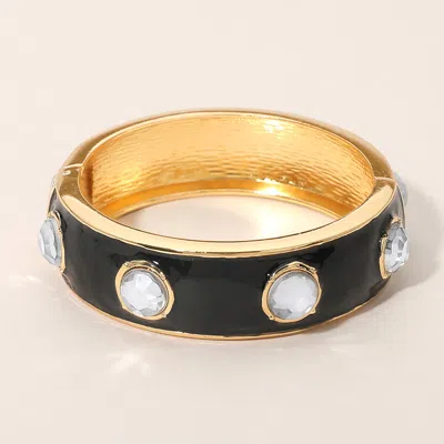 Fashnzfab Round Faceted Stone Around Enamel Hinged Bangle Bracelet In Black