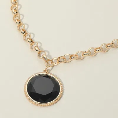 Fashnzfab Round Faceted Stone Frame Pendant Necklace In Black