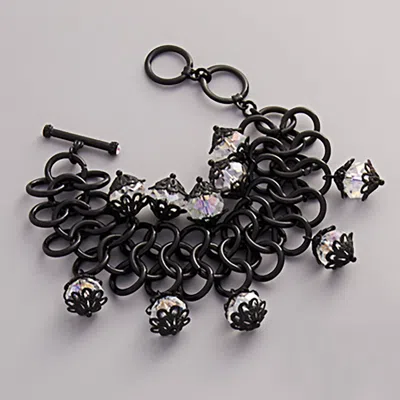 Fashnzfab Round Faceted Stone Pendant Embellished Chunky Chain Toggle Bracelet Black