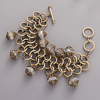 Fashnzfab Round Faceted Stone Pendant Embellished Chunky Chain Toggle Bracelet Gold Burnished In Multi