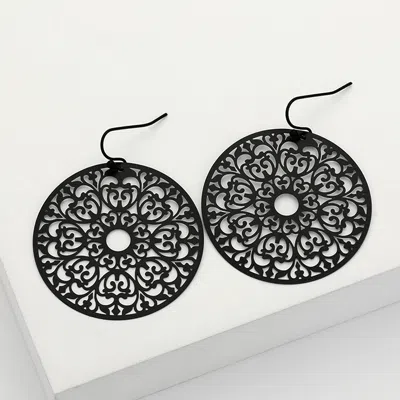 Fashnzfab Round Filigree Dangle Earrings - Black