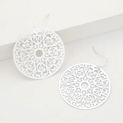 Fashnzfab Round Filigree Dangle Earrings - Matte Silver In Metallic