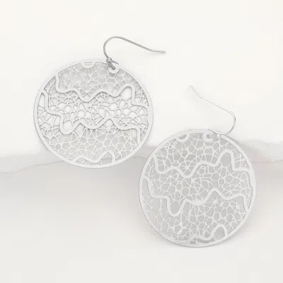 Fashnzfab Round Filigree Dangle Earrings - Matte Silver In White
