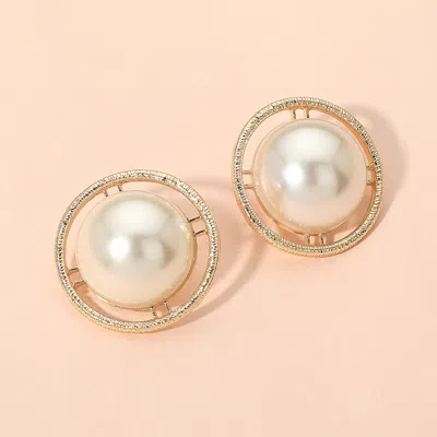 Fashnzfab Round Frame Pearl Earrings In White