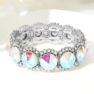 Fashnzfab Round Glass Stone Cluster Stretch Evening Bracelet Ab, Silver In Multi