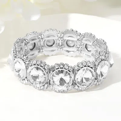 Fashnzfab Round Glass Stone Cluster Stretch Evening Bracelet Clear, Silver In Multi