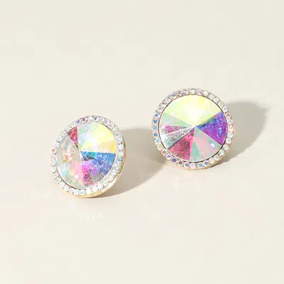 Fashnzfab Round Glass Stone Evening Stud Earrings - Ab, Gold In Multi