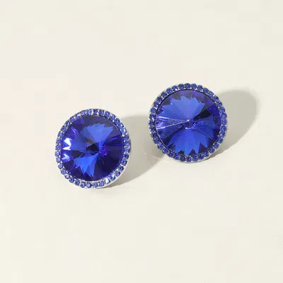 Fashnzfab Round Glass Stone Evening Stud Earrings - Blue
