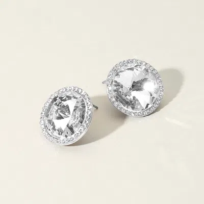 Fashnzfab Round Glass Stone Evening Stud Earrings - Silver In Metallic