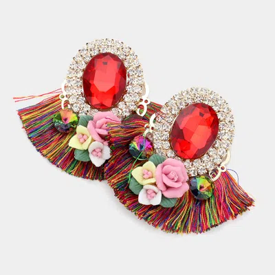 Fashnzfab Round Glass Stone Flower Pointed Bohemian Thread Fringe Earrings - Multi In Red