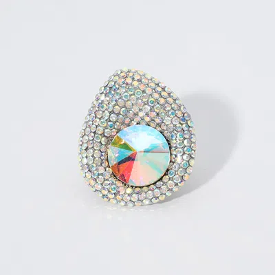 Fashnzfab Round Glass Stone Paved Stretch Ring In Metallic
