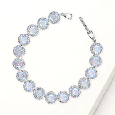 Fashnzfab Round Halo Cz Stone Link Bracelet Ab, Silver In Multi