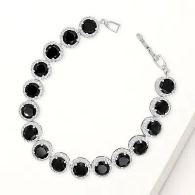Fashnzfab Round Halo Cz Stone Link Bracelet Black, Silver In Multi
