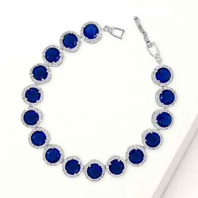 Fashnzfab Round Halo Cz Stone Link Bracelet Royal Blue, Silver In Multi