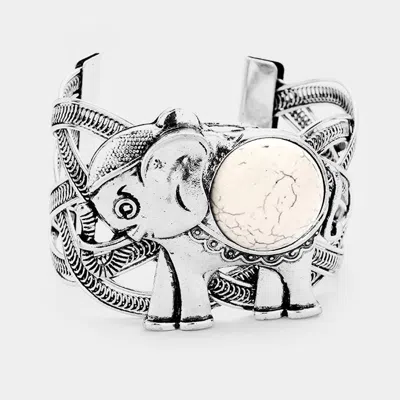 Fashnzfab Round Howlite Detail Metal Elephant Cuff Bracelet Silver Burnished, White In Multi