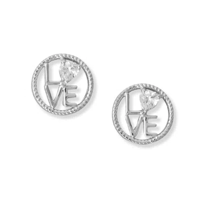 Fashnzfab Round "love" Cz Heart Stud Earrings In Pink