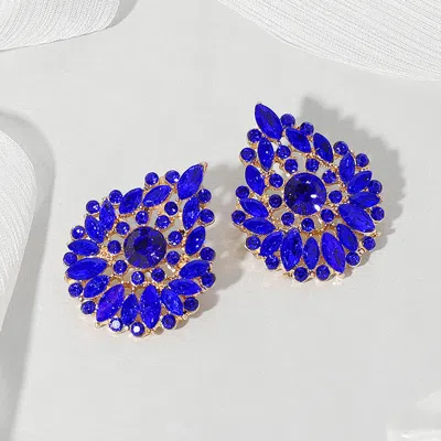 Fashnzfab Round Marquise Stone Cluster Embellished Teardrop Evening Earrings - Gold, Sapphire In Blue