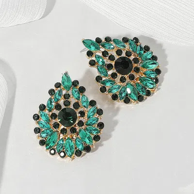 Fashnzfab Round Marquise Stone Cluster Embellished Teardrop Evening Earrings In Green