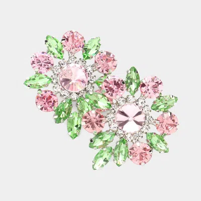 Fashnzfab Round Marquise Stone Cluster Evening Earrings - Pink & Green In Multi