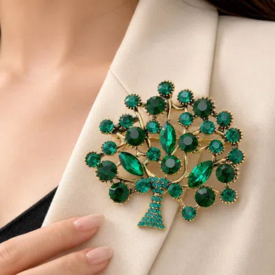 Fashnzfab Round Marquise Stone Embellished Tree Of Life Pin Brooch In Gold