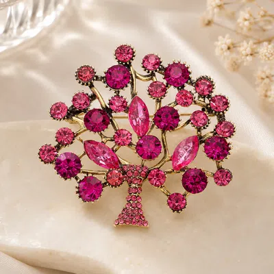 Fashnzfab Round Marquise Stone Embellished Tree Of Life Pin Brooch In Pink