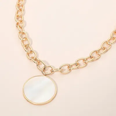 Fashnzfab Round Mother Of Pearl Pendant Chunky Chain Necklace In Gold