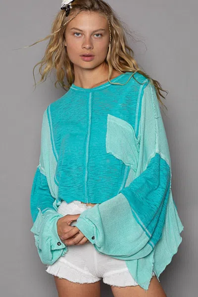 Fashnzfab Round Neck Contrast High-low Top In Blue