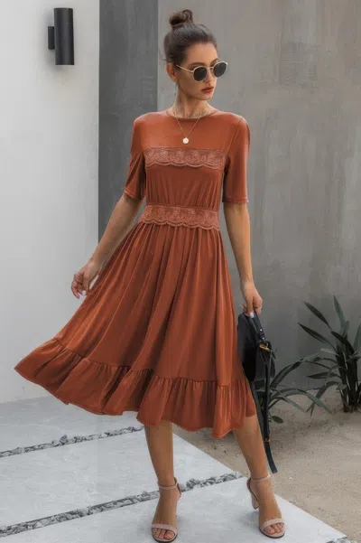 Fashnzfab Round Neck Lace Detail Ruffle Hem Midi Dress