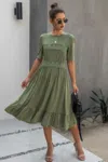 Fashnzfab Round Neck Lace Detail Ruffle Hem Midi Dress