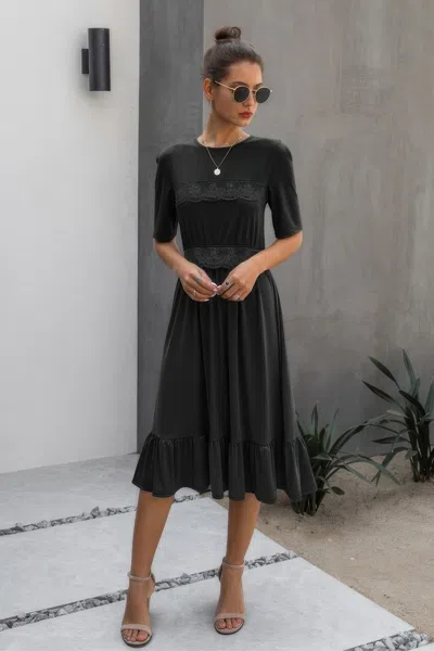 Fashnzfab Round Neck Lace Detail Ruffle Hem Midi Dress In Black