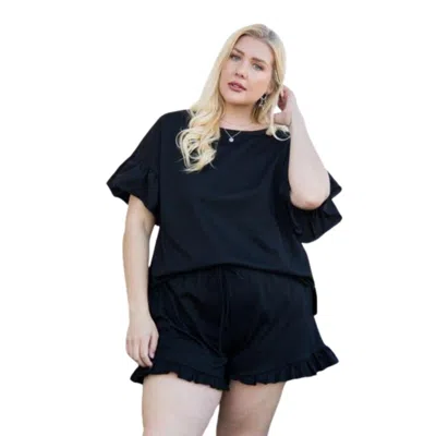 Fashnzfab Round Neck Ruffle Sleeve Side Slit French Terry Top In Black