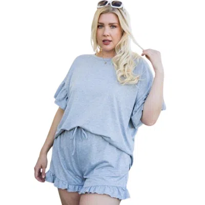 Fashnzfab Round Neck Ruffle Sleeve Side Slit French Terry Top In Grey