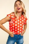 Fashnzfab Round Neck Ruffled Floral Contrast Knit Top In Red