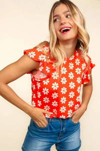 Fashnzfab Round Neck Ruffled Floral Contrast Knit Top In Red