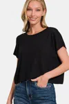 Fashnzfab Round Neck Short Sleeve Crop T-shirt In Black