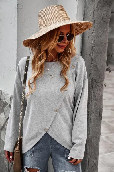 Fashnzfab Round Neck Solid Button Top In Gray